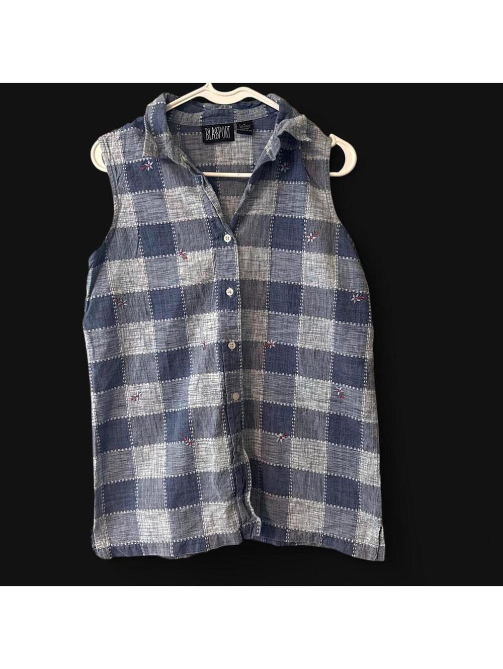 Vintage Blassport by Bill Blass Blue Plaid Embroidered Sleeveless Size M